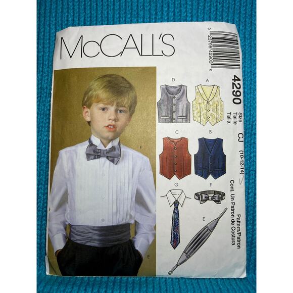 McCalls 4290 pattern kids Boys vest bow tie cummerbund neck tie size 10 12 14 - Picture 1 of 6